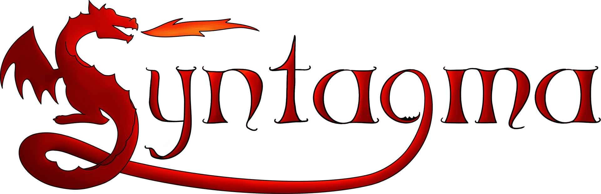 Das Logo des Projekts 'Syntagma' in roter Schrift. Das S formt ein Drache, der über das Wort hinweg Feuer spuckt. Sein Schwanz schlängelt sich unter dem Wort entlang und mündet im G.