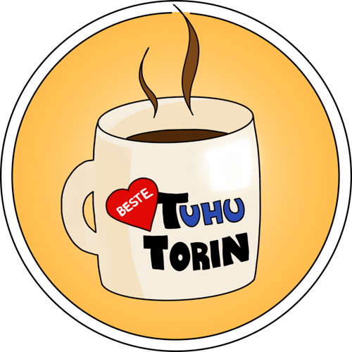 Ein rundes Badge, das eine Tasse mit der Aufschrift "Tuhutorin" zeigt