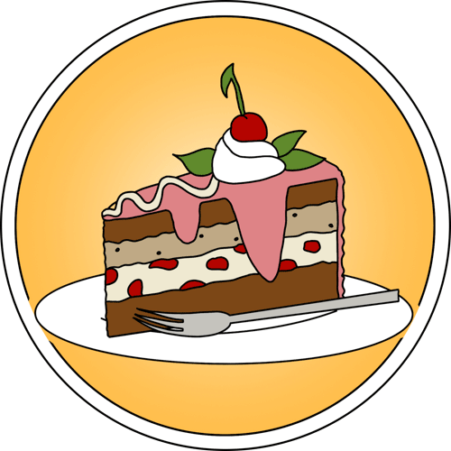 Ein rundes Badge, das ein Stück Kuchen zeigt